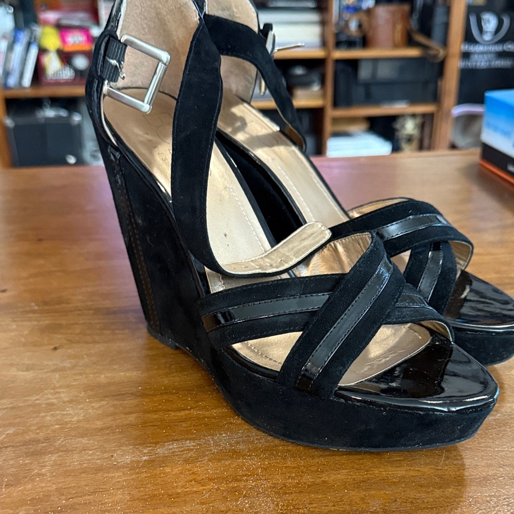 BCBG Black Patent Leather Wedge Sandals